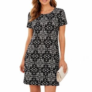 Hazel Black & Cream Shift Dress Silver Beaded Sleeves Size M